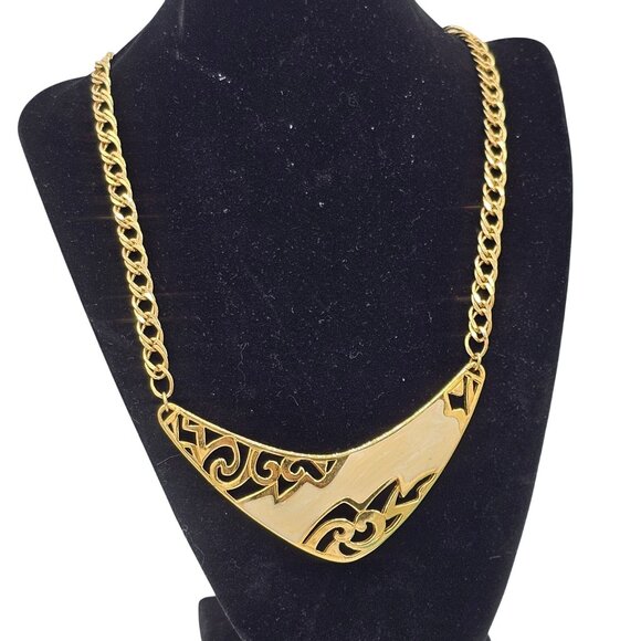 Vintage Gold-Tone Statement Necklace Filigree Enamel Design Chain - Picture 1 of 6